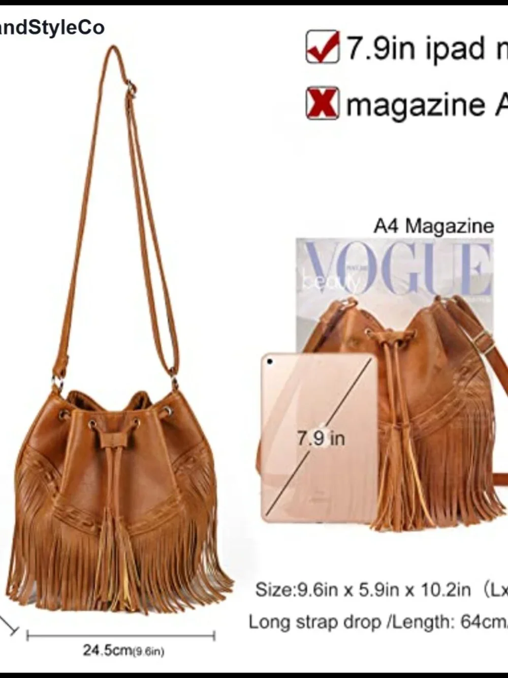 Faux Leather Fringe Bucket Bag Drawstring Crossbody Shoulder Purse Tassel